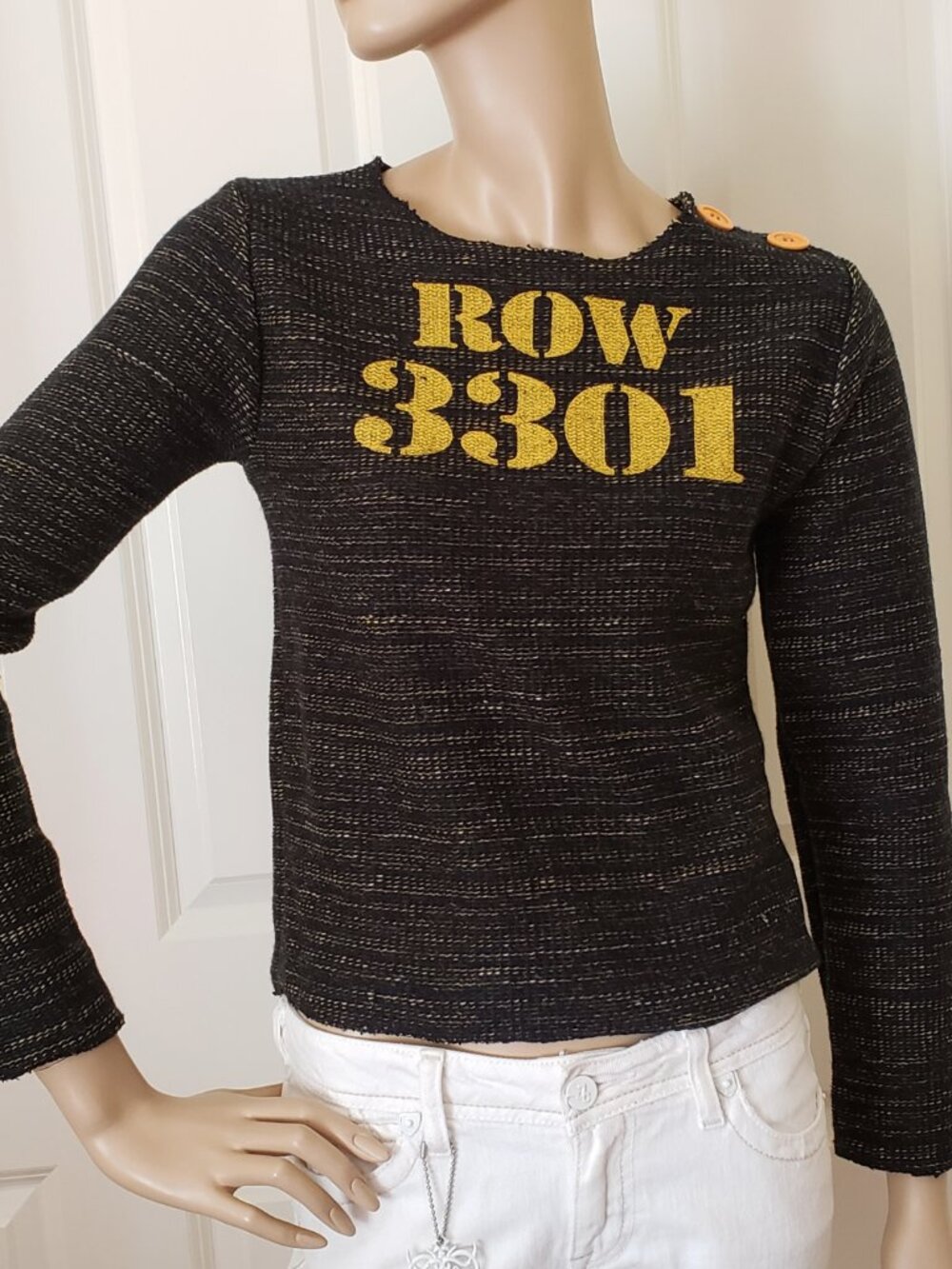Y2K Button Trimmed Sweater SZ XS Black Yellow